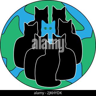 A group of cats on the background of the globe. Concept. Template for design posters, postcards, brochures, invitations. Background for web Stock Vector