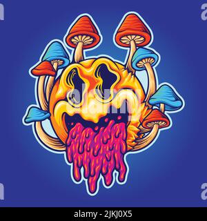 Scary psychedelic mushrooms cartoon colorful vector illustrations for your work logo, merchandise t-shirt, stickers and label designs, poster Stock Vector
