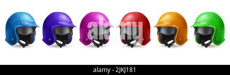 Motorcycle helmet for moto race and ride on scooter. Vector realistic set illustrations of 3d retro color helmets with visor and black glasses in angle view isolated on white background Stock Vector
