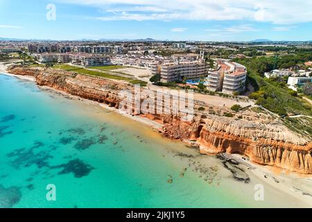 Drone point of view aerial shot Dehesa de Campoamor townscape panorama, spanish resort in Costa Blanca. Travel and tourism concept, Province of Alican Stock Photo