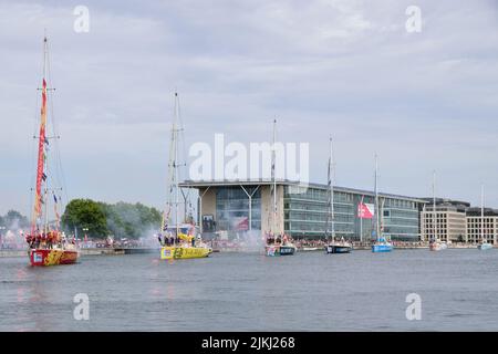 The Covid pandemic delayed Clipper Race 19-20 finale in London's Royal Docks on 30th July 2022 featuring the winner yacht CV30 Qingdao Stock Photo