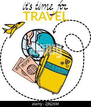 Time to Travel. Motivational header. Travel banner with cartoon suitcase, passports and luggage. Flying plane around the Earth. Vector illustration in Stock Vector