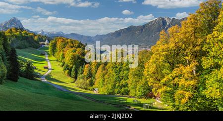 View from Wamberg towards Zugspitze (2962m) to Garmisch-Partenkirchen, Upper Bavaria, Bavaria, Germany Stock Photo