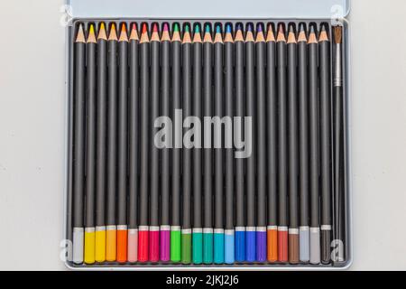 Colored Wooden Pencils Artist Set in Box Stock Photo