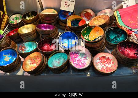 A colorful painted bowls made from coconut shell handmade in Thailand style Stock Photo