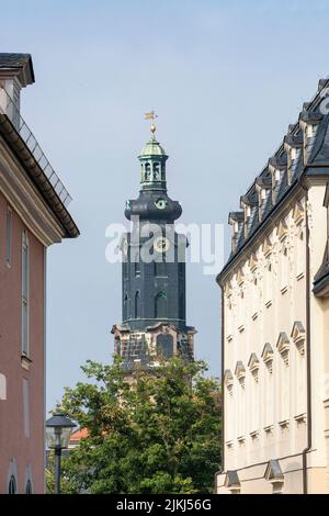 Weimar, Thuringia, left House of Frau von Stein, right Duchess Anna Amalia Library, Castle Tower Stock Photo