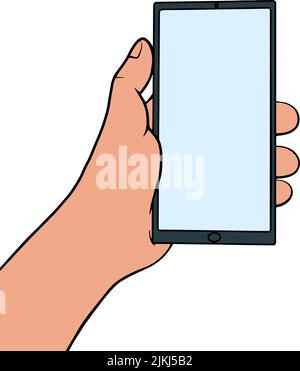 Hand holding smartphone, empty screen with shadow, mobile phone mockup, application on touch screen device. Person using mobile phone vector illustration. Stock Vector