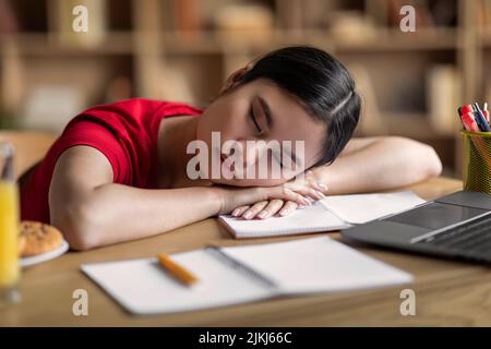 Bored tired young korean female student sleeping on desk with laptop in room interior Stock Photo