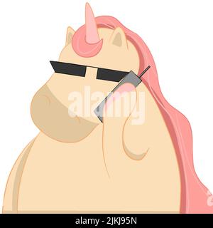 chubby cool unicorn with glasses talking on the phone Stock Vector