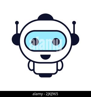 Cute little robot smiling.  Robotics and technology. Kawaii robot. Engineering and artificial intelligence AI. Humanoid cartoon robot with outline. Stock Vector