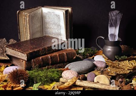 A Still life shot of old books with leather covers on a table with leaves, rocks and a feather in a teapot Stock Photo