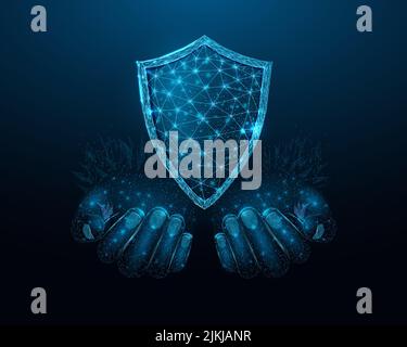 Two human hands hold a shield. Wireframe glowing low poly guard. Design on a blue background. Abstract futuristic vector illustration. Stock Vector