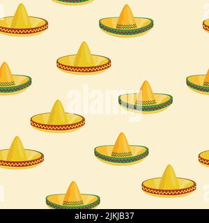 Seamless pattern with ethnic sombrero hat on color background. Vector drawing illustration for packaging, fabric, textile. Wild west, Mexico concept Stock Vector