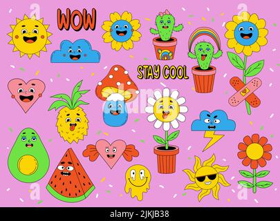Funny cartoon characters. Big set of comic elements in trendy retro cartoon style. Vector illustration of heart, patch, cute sun, cloud, watermelon, a Stock Vector