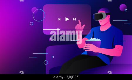 Watching Movies in Metaverse. Man in VR Goggles with popcorn Illustration. Vector illustration Stock Vector