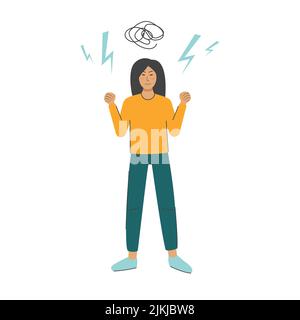 Anxiety woman isolated vector concept. Female stress illustration. Mental depression in young girl. Angry woman upset flat cartoon Stock Vector