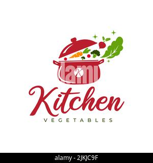 Home kitchen logo with pot full of vegetables and healthy vitamins. Cooking with logo design ideas. Fun symbol idea with cabbage, carrot, onion, tomat Stock Vector