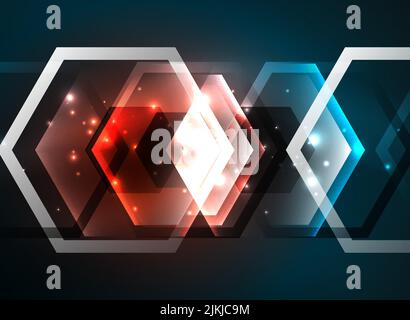 Techno glowing glass hexagons vector background, futuristic dark template with neon light effects and simple forms Stock Vector