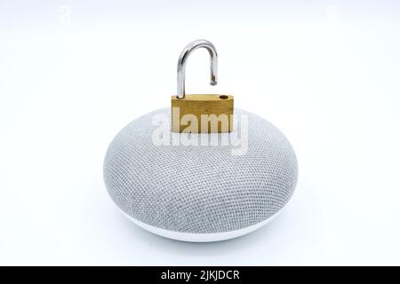 A closeup shot of a speaker with a lock on it Stock Photo