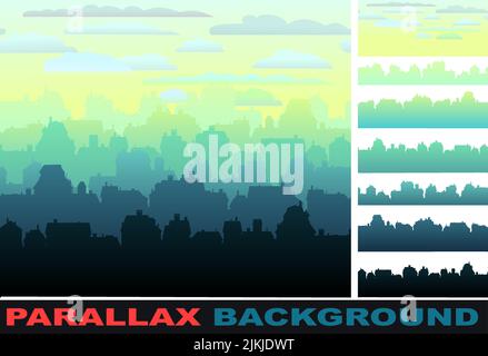 Downtown skyline. Set parallax effect. Horizontal seamless composition. Small city houses residential quarters. Cityscape with buildings. Housing Stock Vector
