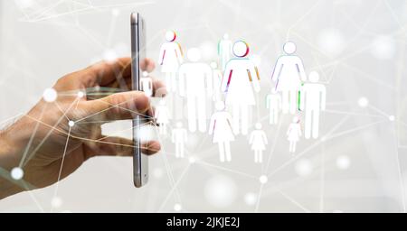 A 3D illustration of a network of people projecting from a mobile phone - global network, blockchain, neural networks concept Stock Photo