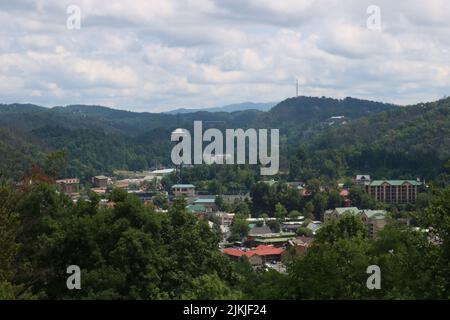 A scenery of buildings in Gatlinburg and the Great Smoky Mountains in Tennessee, the USA Stock Photo