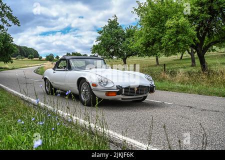 Bad König, Hesse, Germany, Jaguar E-Type S2 V12, built in 1973, 5343 cc displacement, 276 hp, at the classic car festival. Stock Photo
