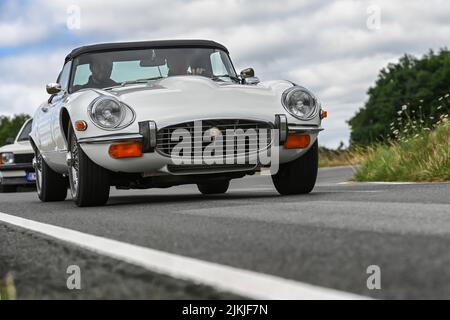 Bad König, Hesse, Germany, Jaguar E-Type S2 V12, built in 1973, 5343 cc displacement, 276 hp, at the classic car festival. Stock Photo
