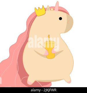 a chubby beautiful unicorn in a crown wipes off to the side Stock Vector