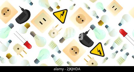 Glass electric light bulb. Lighting device. Energy Saving Technologies electrical outlet and plug. Isolated on white background. Seamless pattern. Vec Stock Vector