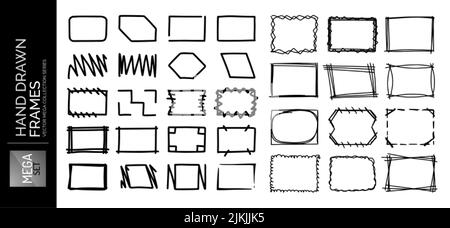 Hand drawn sketch doodle frames set, borders, square and rectangle shapes for text. Design elements collection Stock Vector