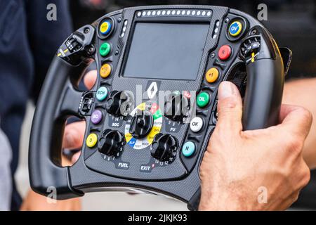 A closeup shot of a sports car steering wheel in 2018 Formula 1 in Monza, Italy Stock Photo