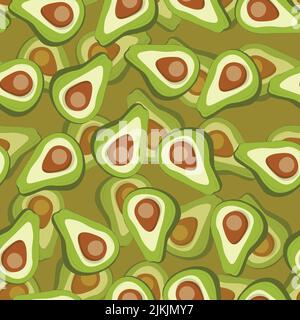 Cute avocado on color background. Green avocados with leaves and slice. Natural delicious fresh ripe tasty summer fruit. Vector illustration for Stock Vector