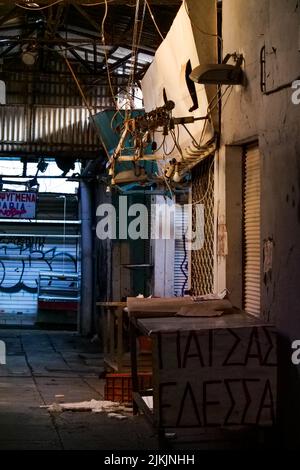 Closed butcher shops, Kapani Market, Thessaloniki, Macedonia, North-Eastern Greece Stock Photo