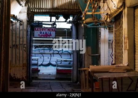 Closed butcher shops, Kapani Market, Thessaloniki, Macedonia, North-Eastern Greece Stock Photo