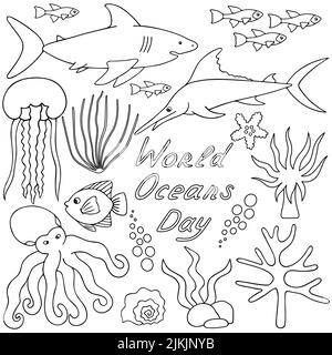 Undersea world. Vector set of illustrations. Outline on a white isolated background. The inhabitants of the ocean. Hand drawing style. Sketch. Stock Vector