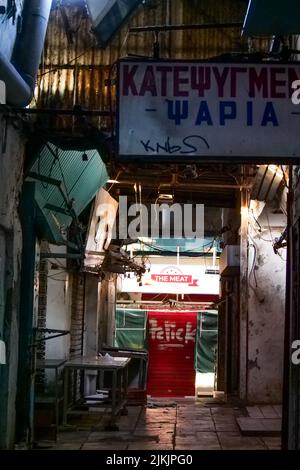 Closed butcher shops, Kapani Market, Thessaloniki, Macedonia, North-Eastern Greece Stock Photo