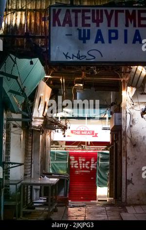 Closed butcher shops, Kapani Market, Thessaloniki, Macedonia, North-Eastern Greece Stock Photo