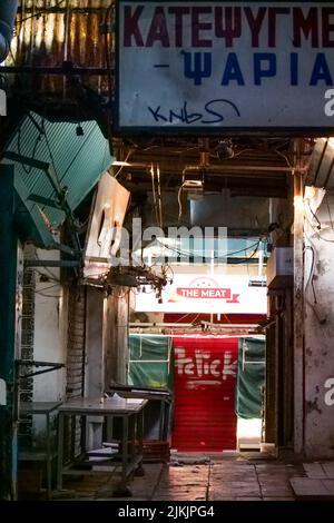 Closed butcher shops, Kapani Market, Thessaloniki, Macedonia, North-Eastern Greece Stock Photo