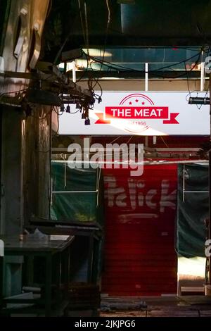 Closed butcher shops, Kapani Market, Thessaloniki, Macedonia, North-Eastern Greece Stock Photo