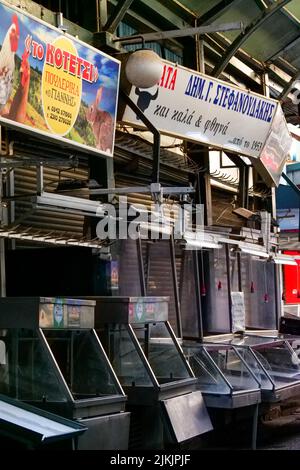 Closed butcher shops, Kapani Market, Thessaloniki, Macedonia, North-Eastern Greece Stock Photo