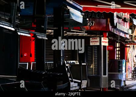 Closed butcher shops, Kapani Market, Thessaloniki, Macedonia, North-Eastern Greece Stock Photo