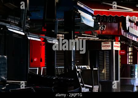 Closed butcher shops, Kapani Market, Thessaloniki, Macedonia, North-Eastern Greece Stock Photo