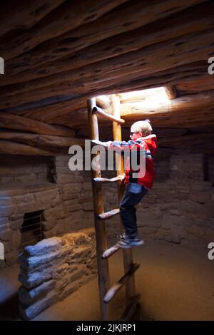 Child climbs down kiva ladder at the Spruce Tree House ruins to the underground Kiva chamber. Mesa Verde National Park on the Colorado Plateau, CO. Stock Photo