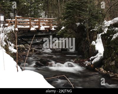 A mountain river with fast water flows through a small bridge, with rocks and snow on the shore Stock Photo