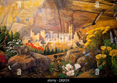 Oil painting with flora and fauna of Square Tower Ruins located in Mesa Verde National Park, CO. Stock Photo