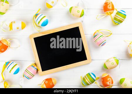 colorful easter eggs with chalkboard Stock Photo