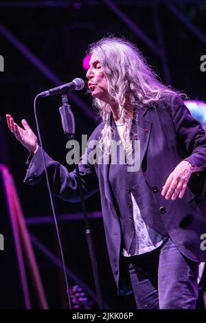 Milan Italy. 01 August 2022. The American singer-songwriter PATTI SMITH performs live on stage at Castello Sforzesco during the 'Estate al Castello Festival'. Stock Photo