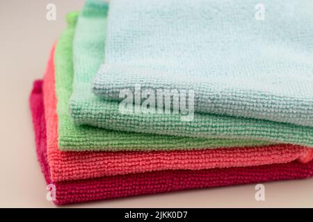 A closeup shot of the colorful kitchen cleaning towels Stock Photo