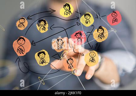 a shot of man pointing at Digital Network and data concept icons Stock Photo